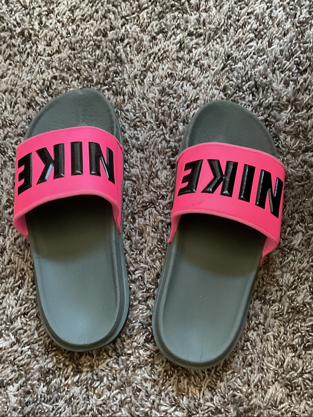 Nike Hot Pink and Gray Slide Sandals with Black Logo